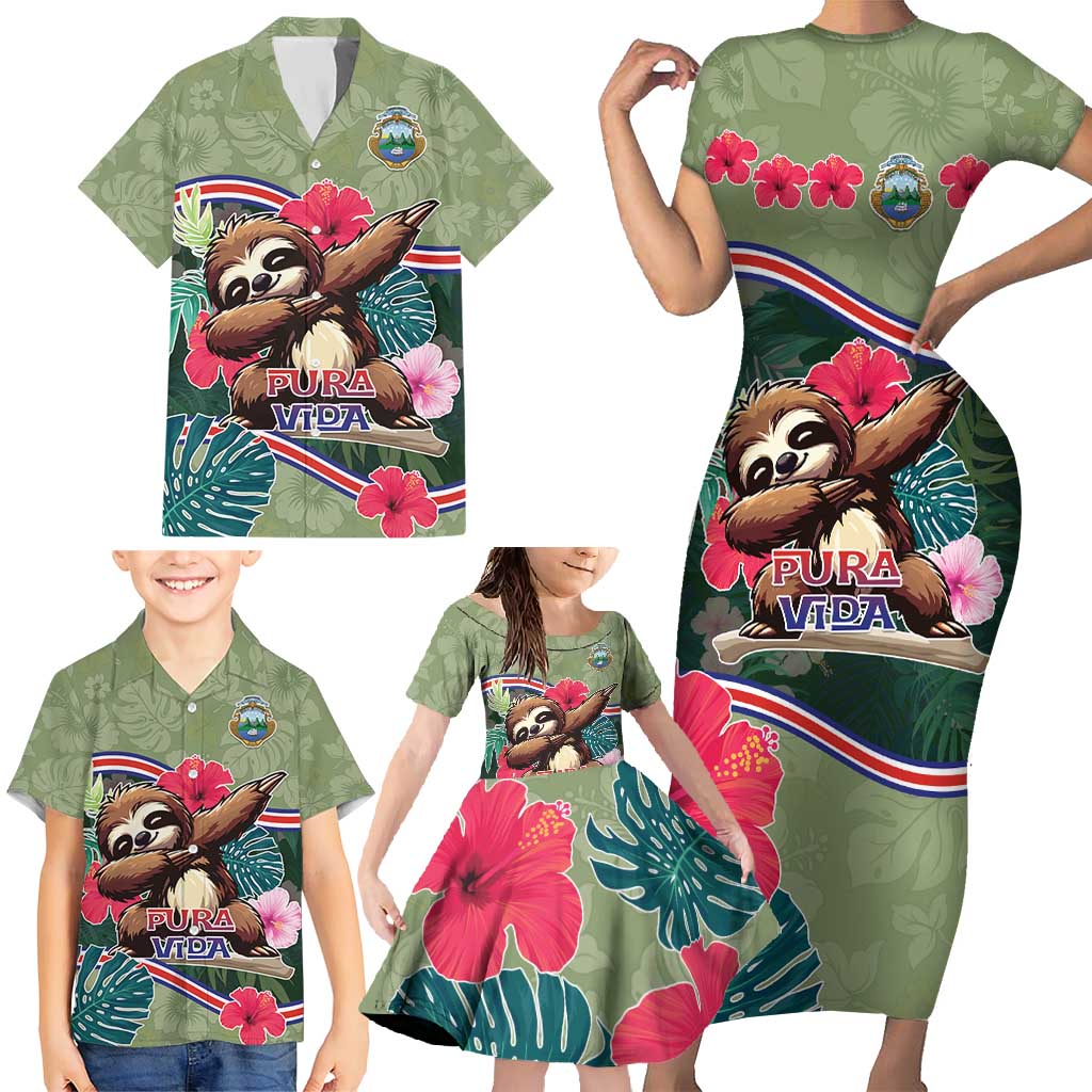 Costa Rica Family Matching Short Sleeve Bodycon Dress and Hawaiian Shirt Pura Vida Dabbing Sloth