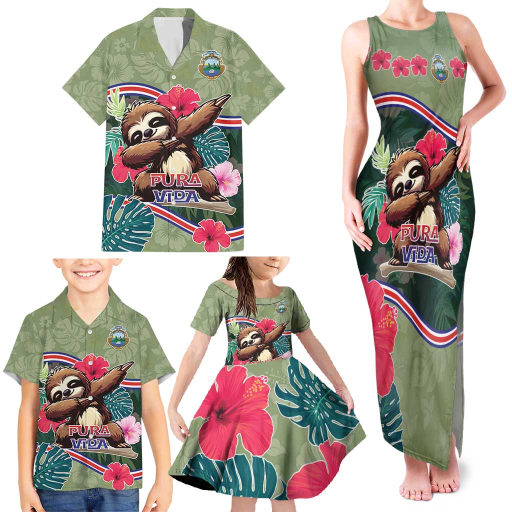 Costa Rica Family Matching Tank Maxi Dress and Hawaiian Shirt Pura Vida Dabbing Sloth