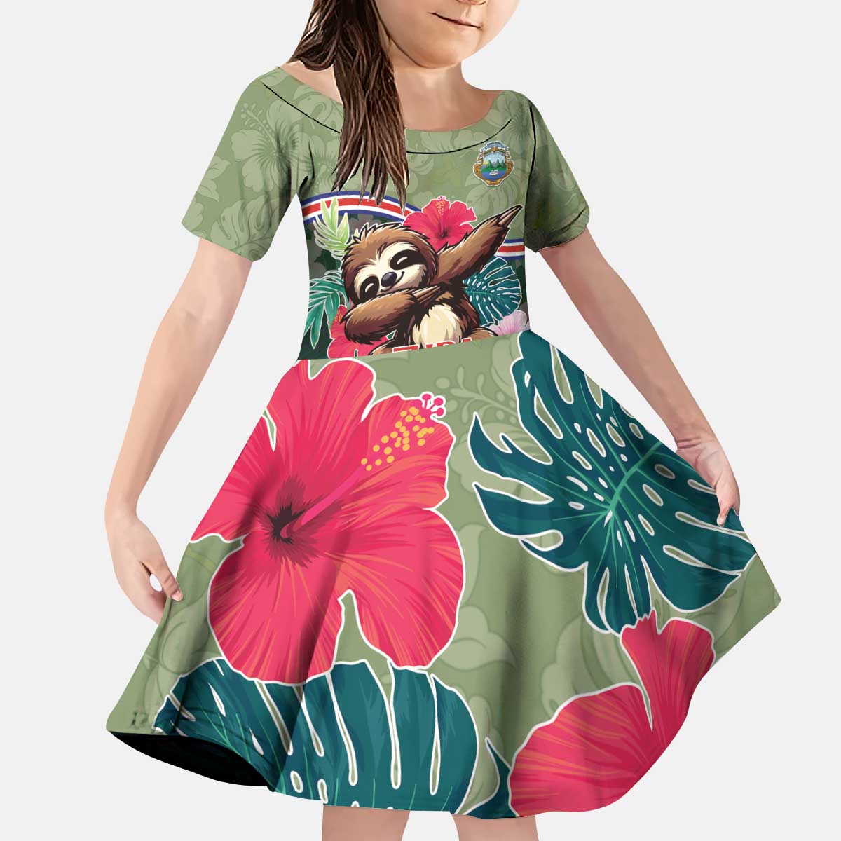 Costa Rica Kid Short Sleeve Dress Pura Vida Dabbing Sloth