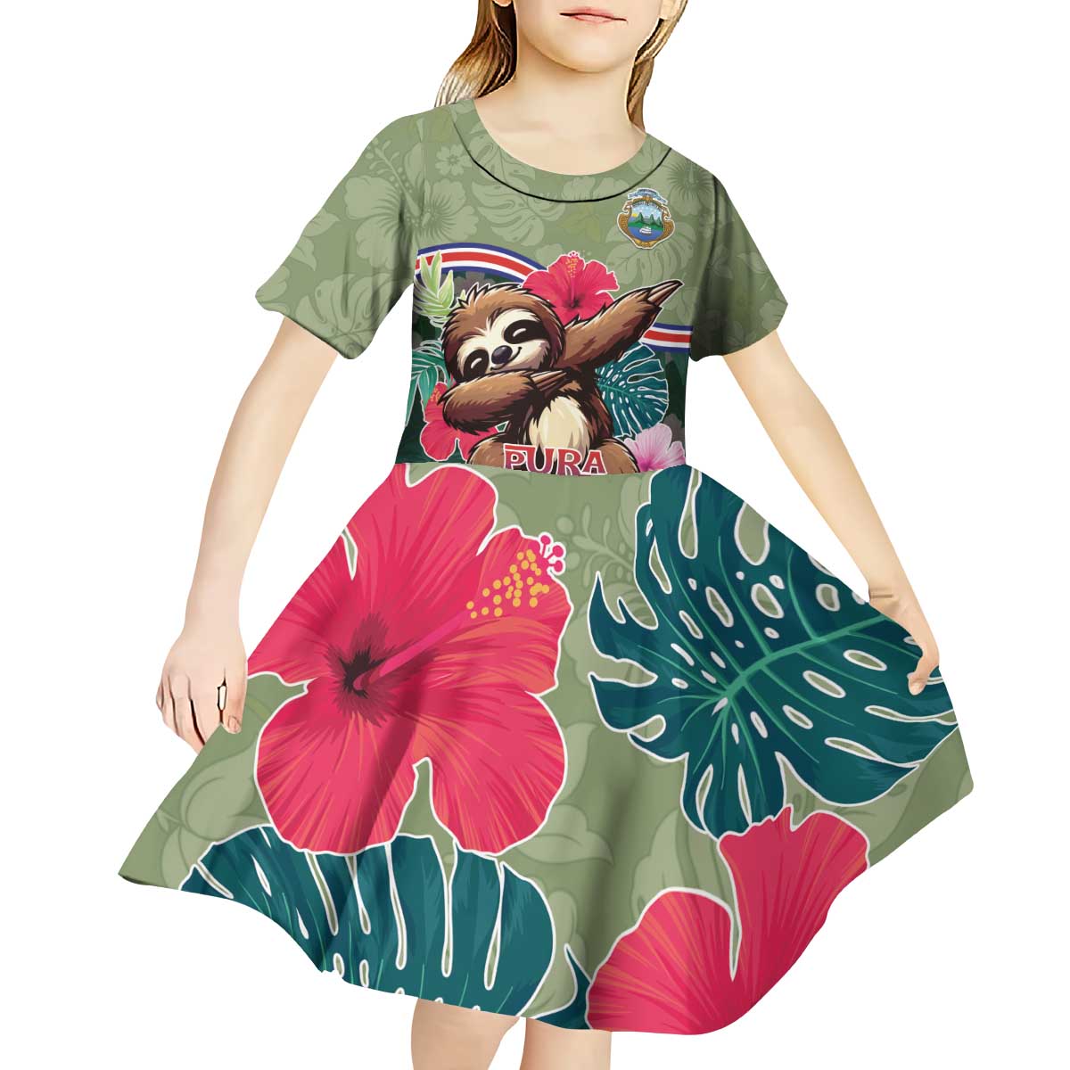 Costa Rica Kid Short Sleeve Dress Pura Vida Dabbing Sloth