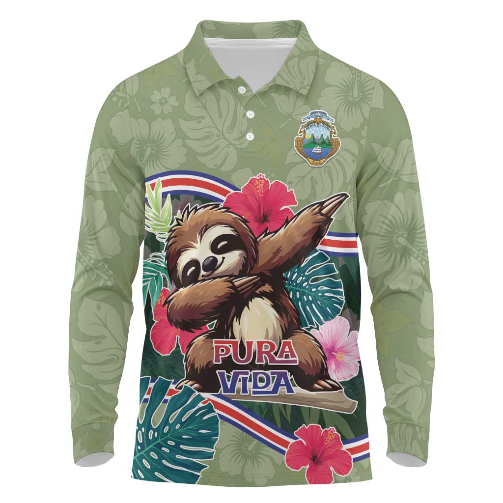 Costa Rica Long Sleeve Polo Shirt Pura Vida Dabbing Sloth