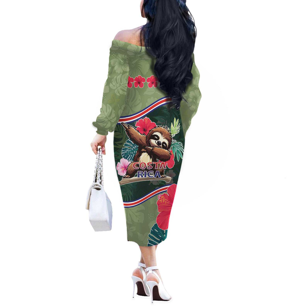 Costa Rica Off The Shoulder Long Sleeve Dress Pura Vida Dabbing Sloth