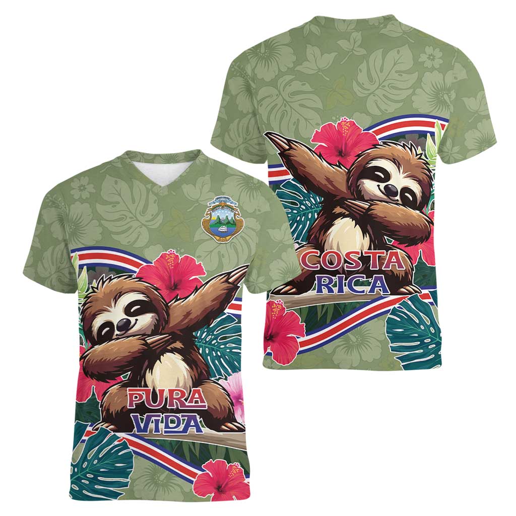 Costa Rica Women V-Neck T-Shirt Pura Vida Dabbing Sloth