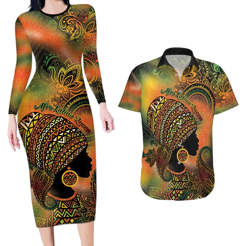Black Women Couples Matching Long Sleeve Bodycon Dress and Hawaiian Shirt Afro Latina Queen - Wonder Print Shop