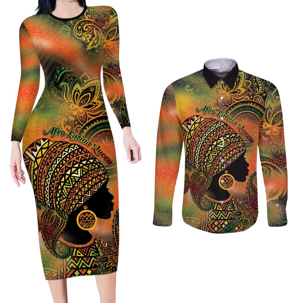 Black Women Couples Matching Long Sleeve Bodycon Dress and Long Sleeve Button Shirt Afro Latina Queen - Wonder Print Shop