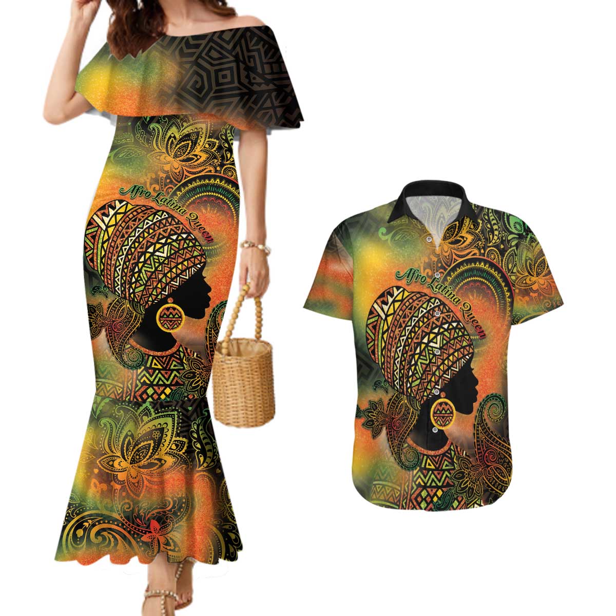 Black Women Couples Matching Mermaid Dress and Hawaiian Shirt Afro Latina Queen - Wonder Print Shop
