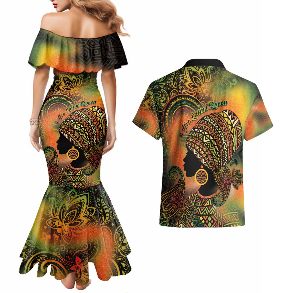 Black Women Couples Matching Mermaid Dress and Hawaiian Shirt Afro Latina Queen - Wonder Print Shop