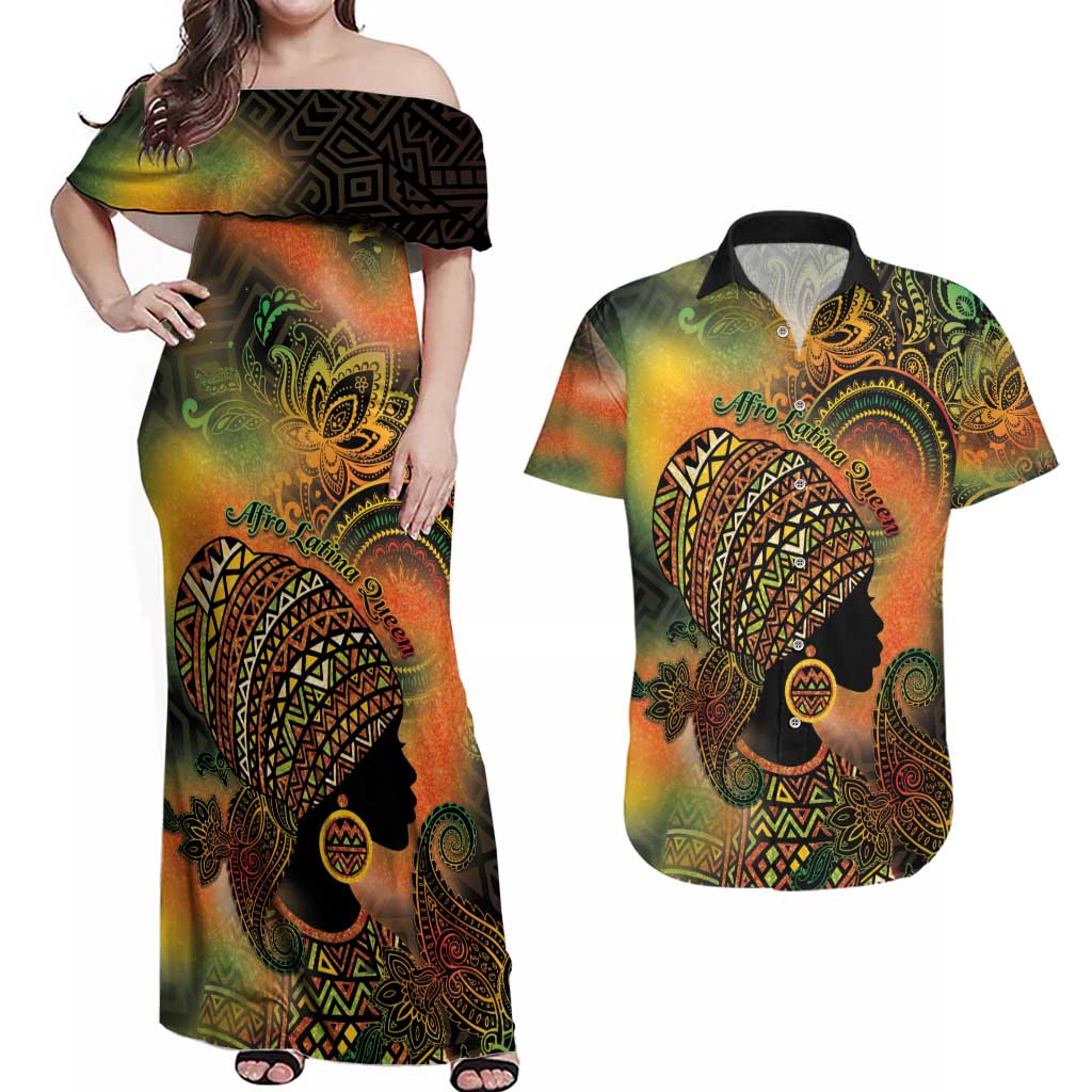 Black Women Couples Matching Off Shoulder Maxi Dress and Hawaiian Shirt Afro Latina Queen - Wonder Print Shop
