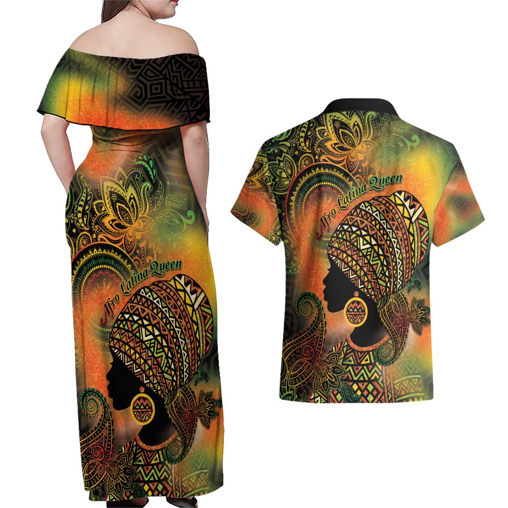 Black Women Couples Matching Off Shoulder Maxi Dress and Hawaiian Shirt Afro Latina Queen - Wonder Print Shop