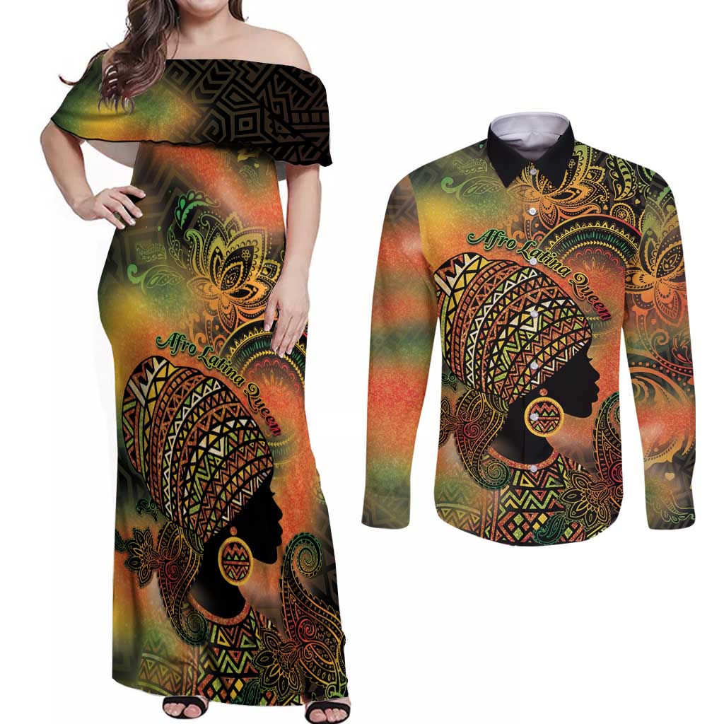 Black Women Couples Matching Off Shoulder Maxi Dress and Long Sleeve Button Shirt Afro Latina Queen - Wonder Print Shop
