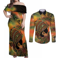 Black Women Couples Matching Off Shoulder Maxi Dress and Long Sleeve Button Shirt Afro Latina Queen - Wonder Print Shop