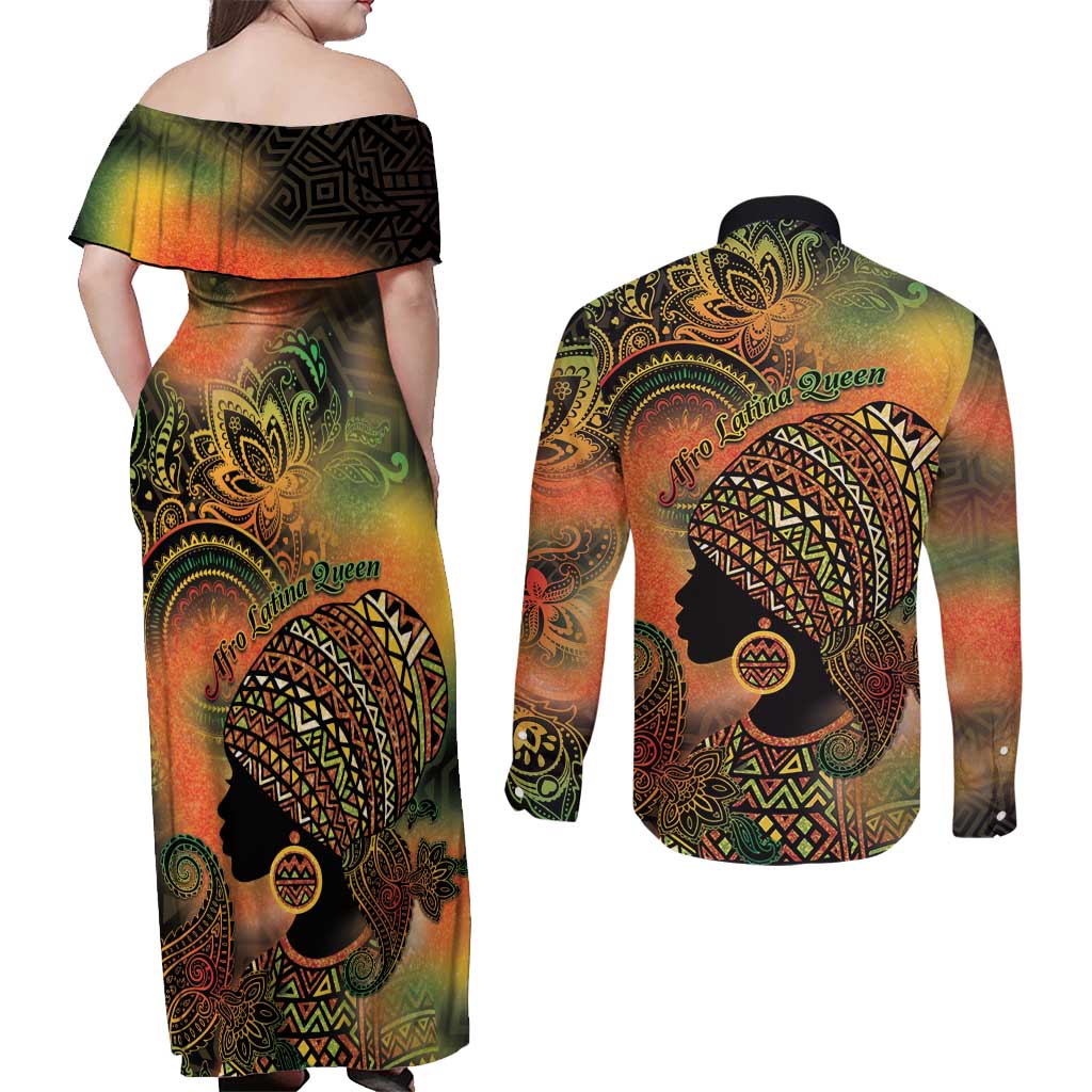 Black Women Couples Matching Off Shoulder Maxi Dress and Long Sleeve Button Shirt Afro Latina Queen - Wonder Print Shop