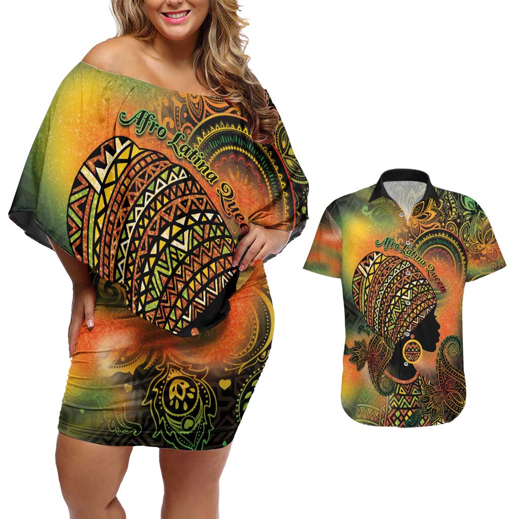 Black Women Couples Matching Off Shoulder Short Dress and Hawaiian Shirt Afro Latina Queen - Wonder Print Shop