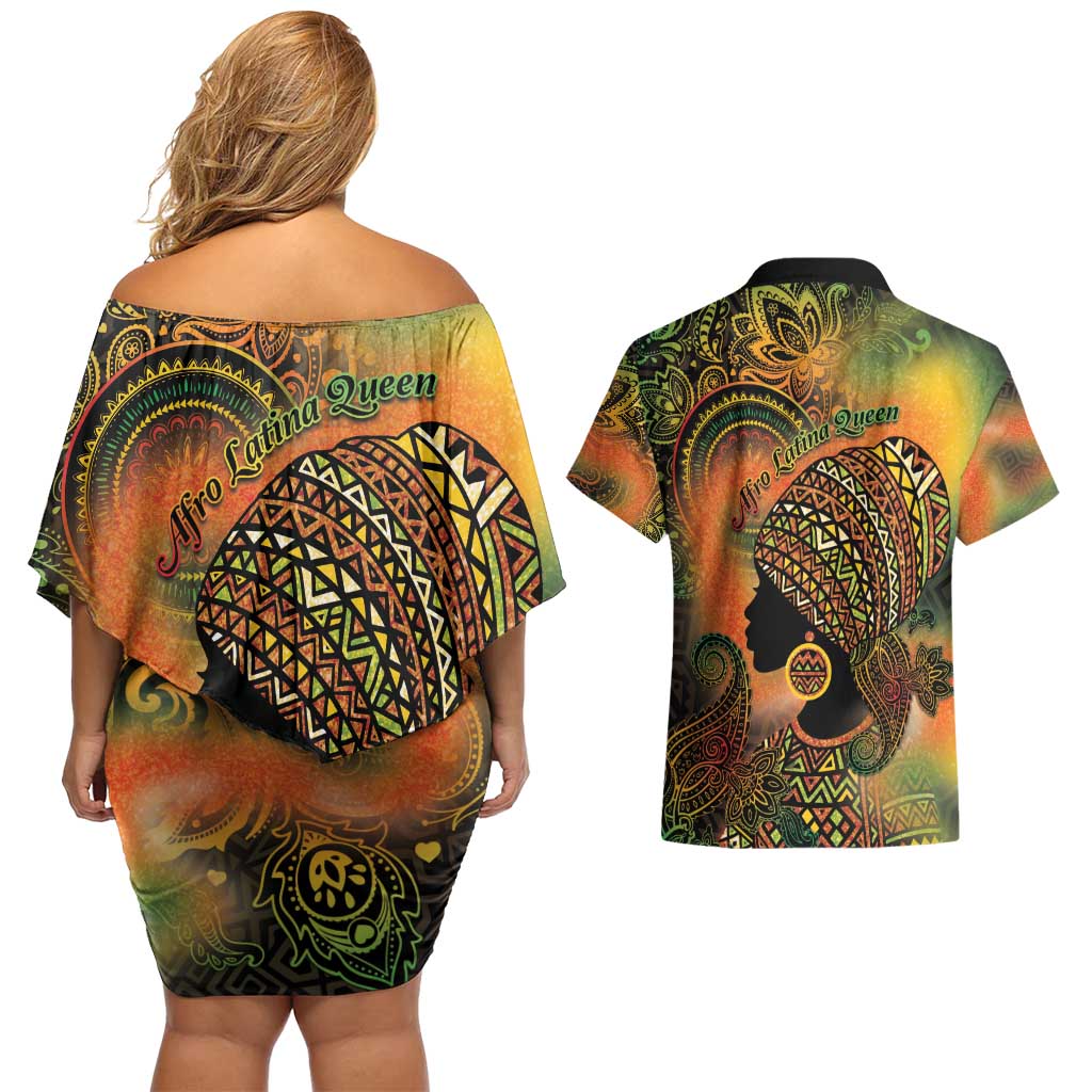Black Women Couples Matching Off Shoulder Short Dress and Hawaiian Shirt Afro Latina Queen - Wonder Print Shop