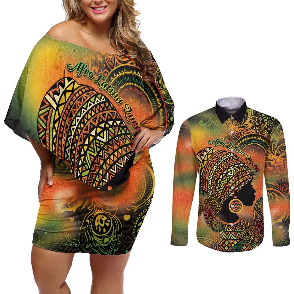 Black Women Couples Matching Off Shoulder Short Dress and Long Sleeve Button Shirt Afro Latina Queen - Wonder Print Shop