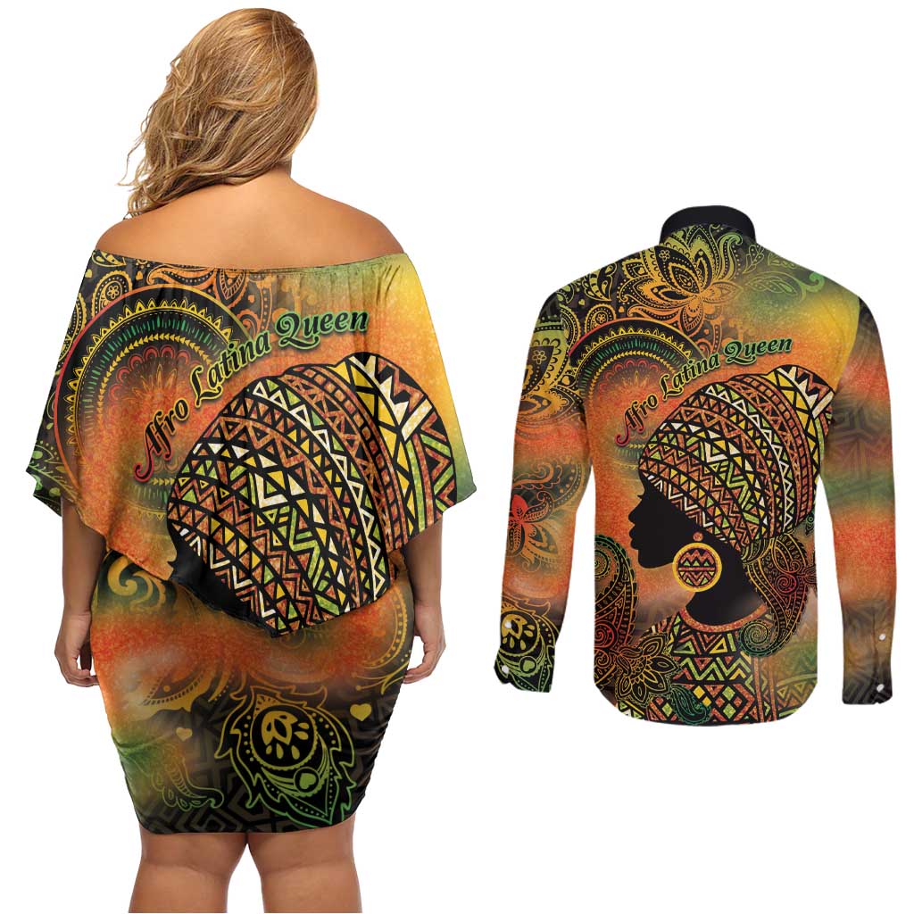 Black Women Couples Matching Off Shoulder Short Dress and Long Sleeve Button Shirt Afro Latina Queen - Wonder Print Shop