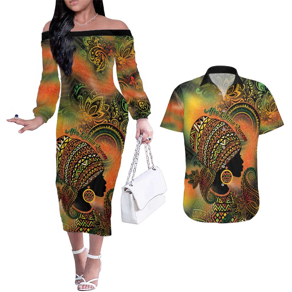 Black Women Couples Matching Off The Shoulder Long Sleeve Dress and Hawaiian Shirt Afro Latina Queen - Wonder Print Shop