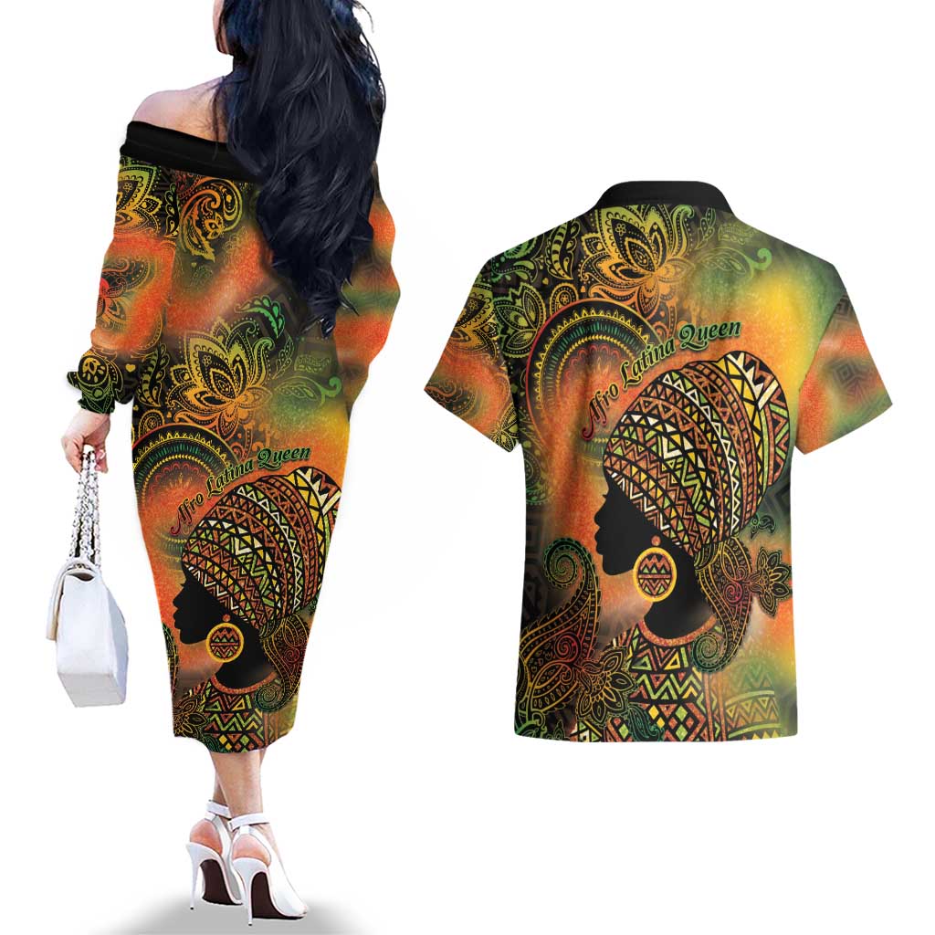 Black Women Couples Matching Off The Shoulder Long Sleeve Dress and Hawaiian Shirt Afro Latina Queen - Wonder Print Shop