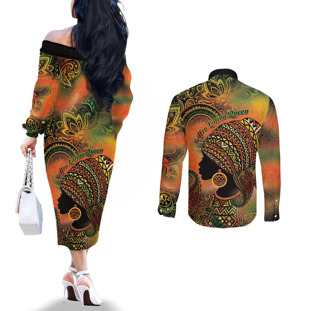 Black Women Couples Matching Off The Shoulder Long Sleeve Dress and Long Sleeve Button Shirt Afro Latina Queen - Wonder Print Shop