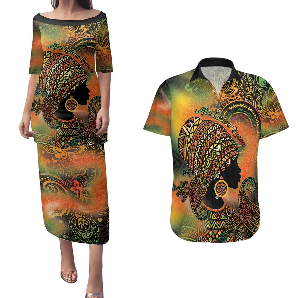 Black Women Couples Matching Puletasi and Hawaiian Shirt Afro Latina Queen - Wonder Print Shop
