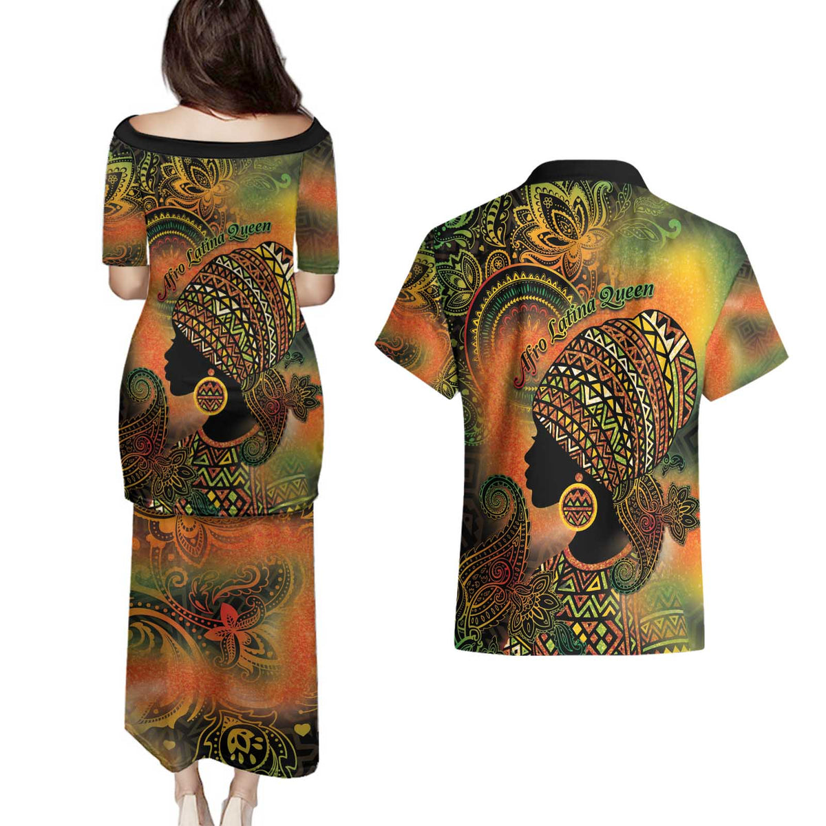 Black Women Couples Matching Puletasi and Hawaiian Shirt Afro Latina Queen - Wonder Print Shop