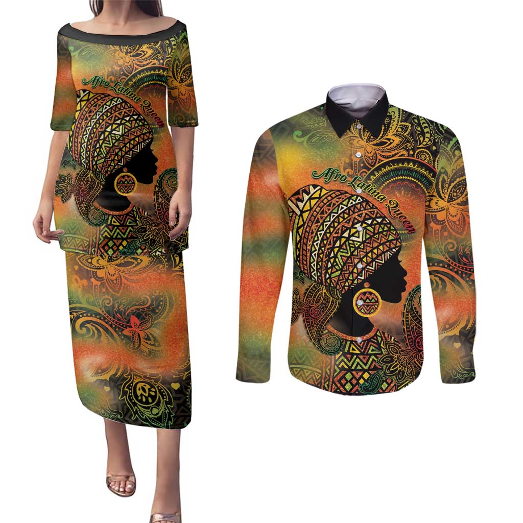 Black Women Couples Matching Puletasi and Long Sleeve Button Shirt Afro Latina Queen - Wonder Print Shop