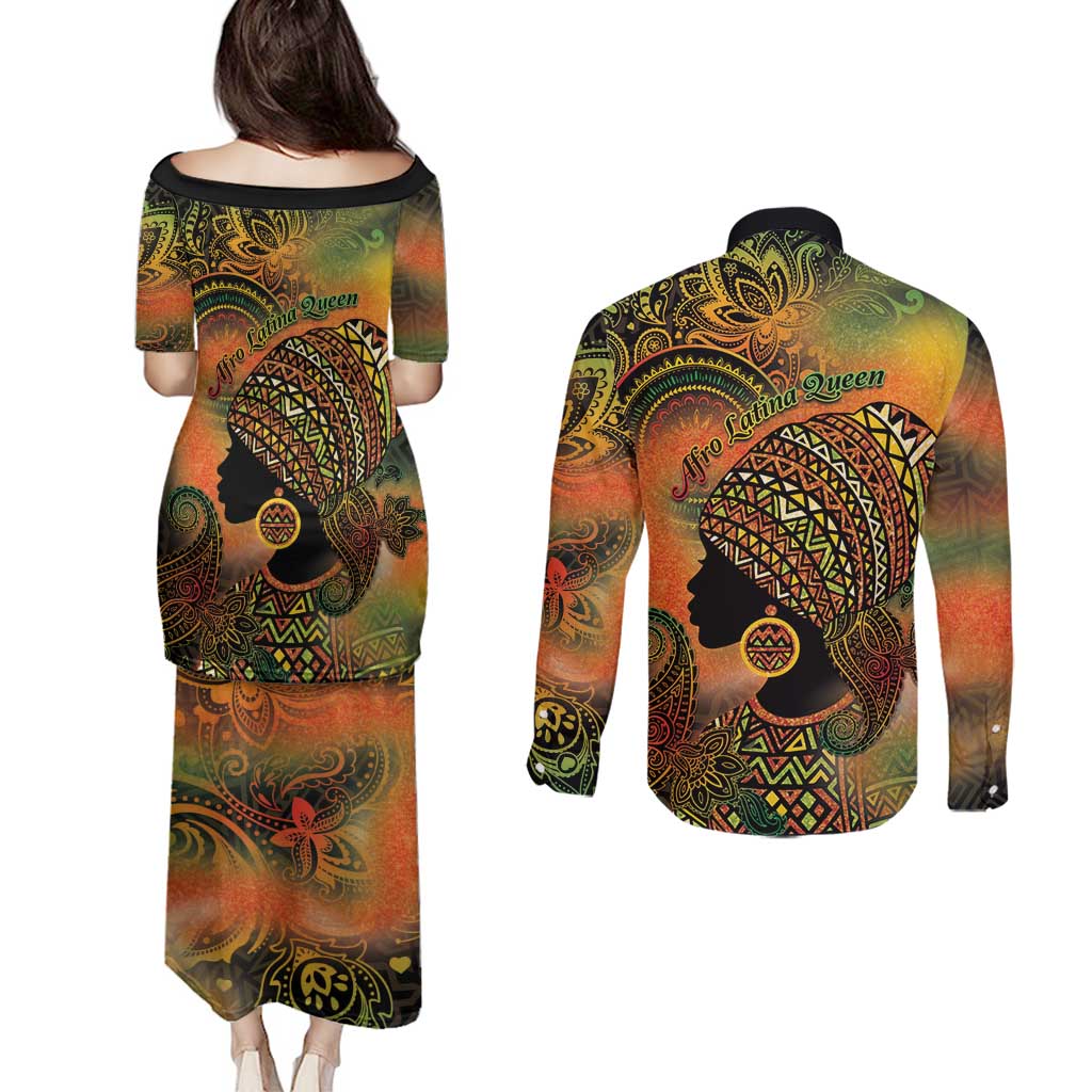 Black Women Couples Matching Puletasi and Long Sleeve Button Shirt Afro Latina Queen - Wonder Print Shop