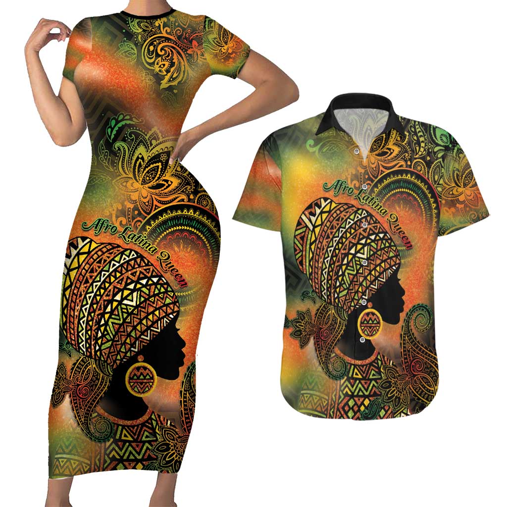Black Women Couples Matching Short Sleeve Bodycon Dress and Hawaiian Shirt Afro Latina Queen - Wonder Print Shop