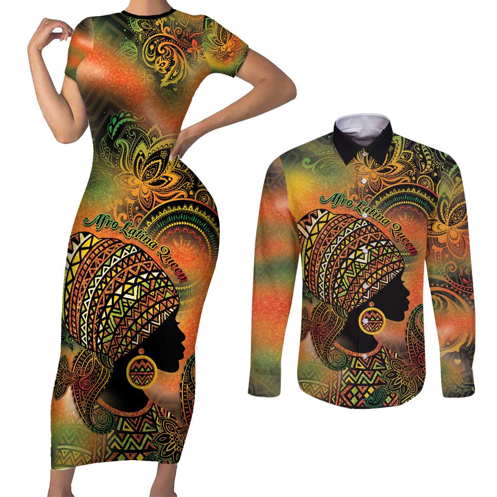 Black Women Couples Matching Short Sleeve Bodycon Dress and Long Sleeve Button Shirt Afro Latina Queen - Wonder Print Shop