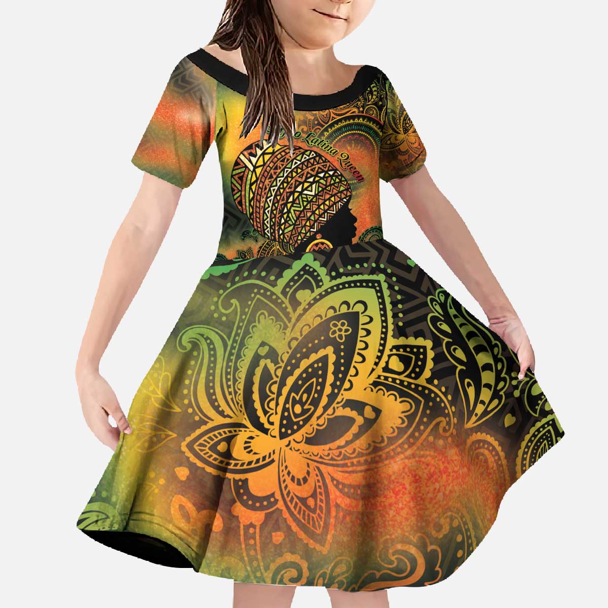 Black Women Family Matching Off The Shoulder Long Sleeve Dress and Hawaiian Shirt Afro Latina Queen - Wonder Print Shop