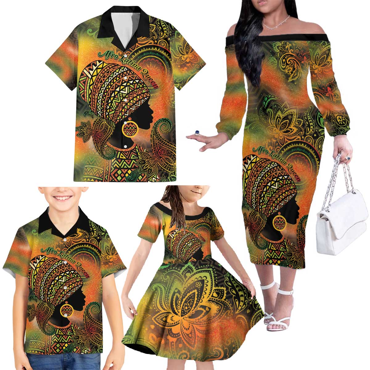 Black Women Family Matching Off The Shoulder Long Sleeve Dress and Hawaiian Shirt Afro Latina Queen - Wonder Print Shop