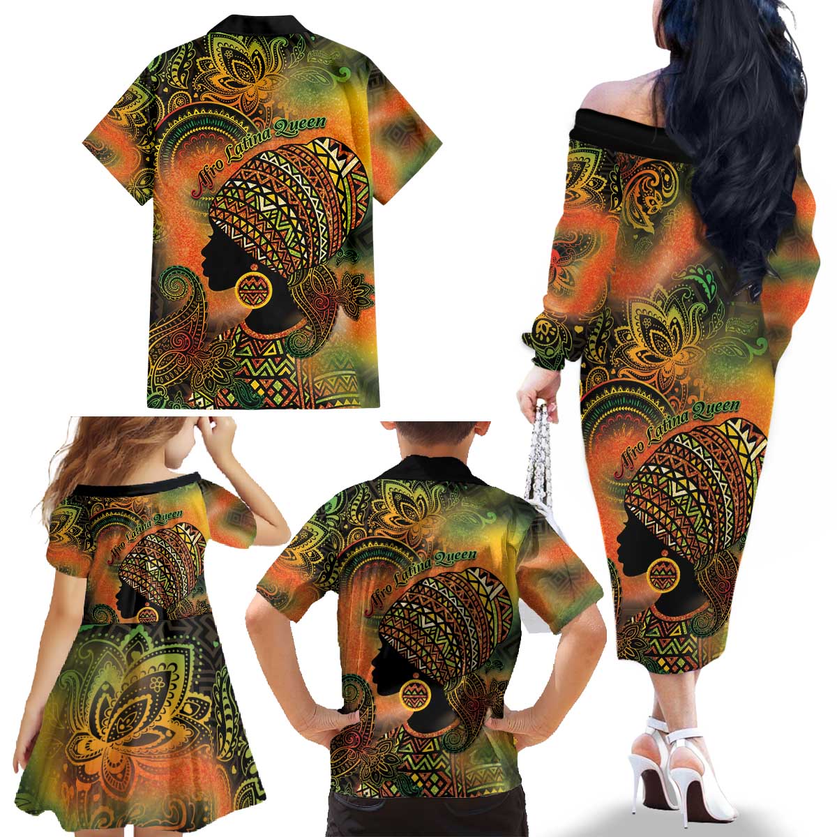 Black Women Family Matching Off The Shoulder Long Sleeve Dress and Hawaiian Shirt Afro Latina Queen - Wonder Print Shop