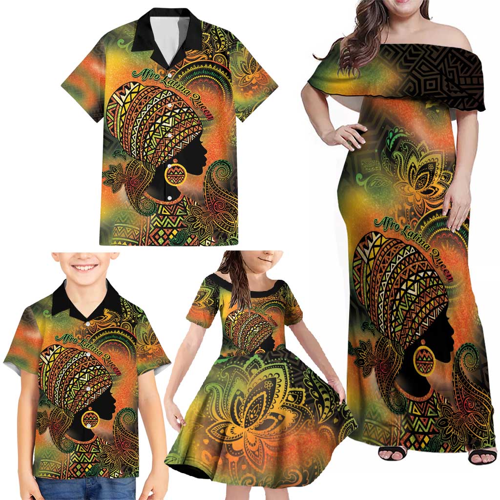 Black Women Family Matching Off Shoulder Maxi Dress and Hawaiian Shirt Afro Latina Queen - Wonder Print Shop