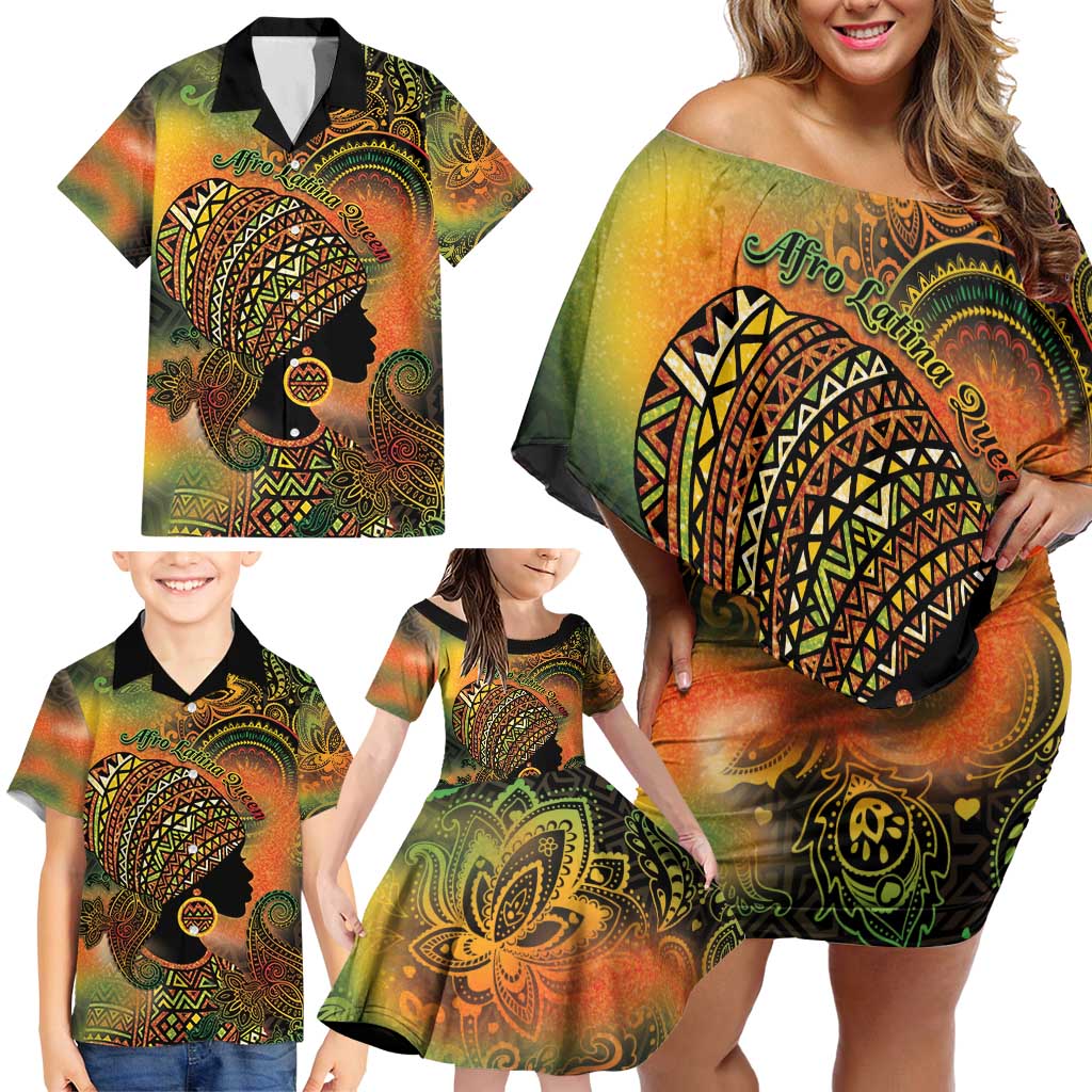 Black Women Family Matching Off Shoulder Short Dress and Hawaiian Shirt Afro Latina Queen - Wonder Print Shop