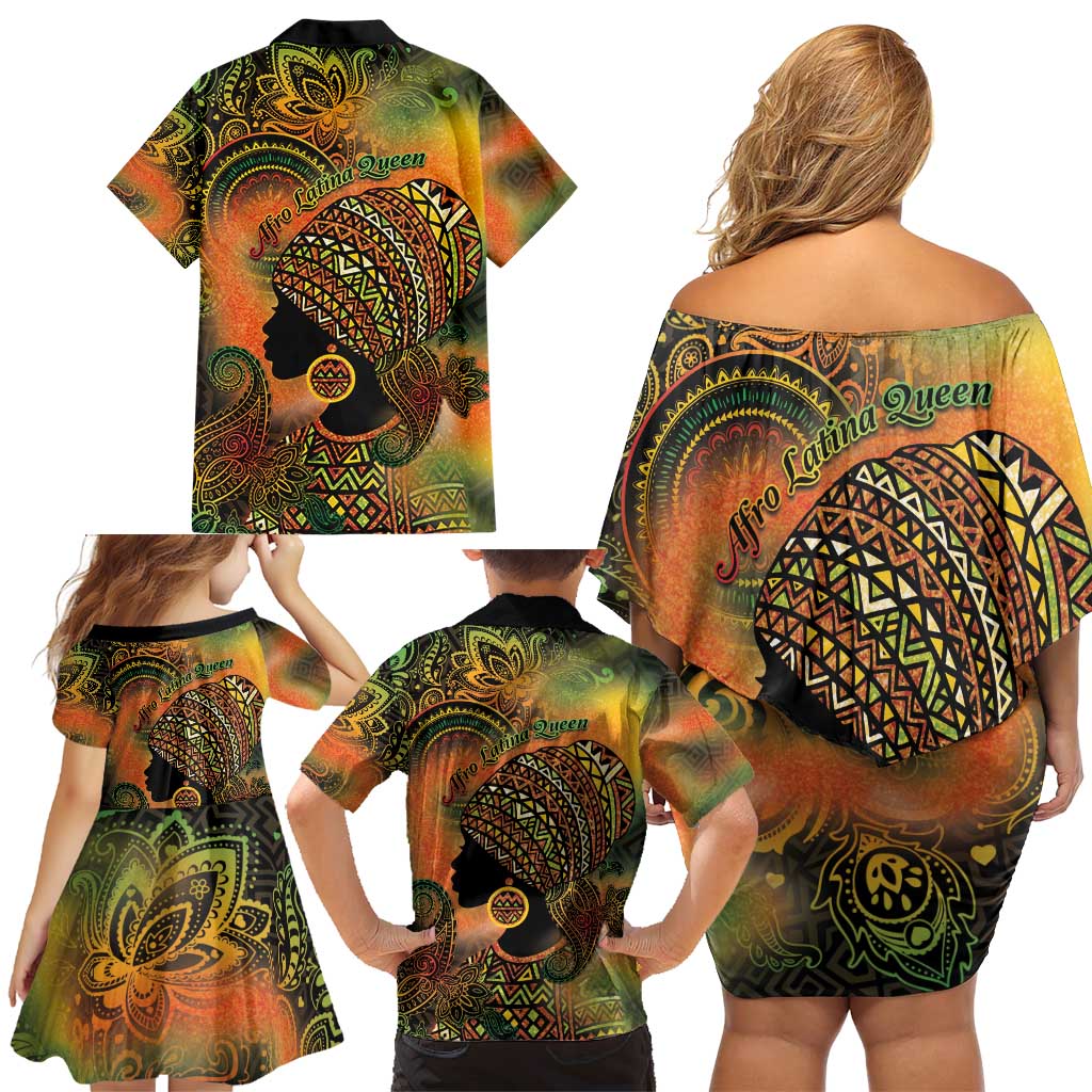Black Women Family Matching Off Shoulder Short Dress and Hawaiian Shirt Afro Latina Queen - Wonder Print Shop