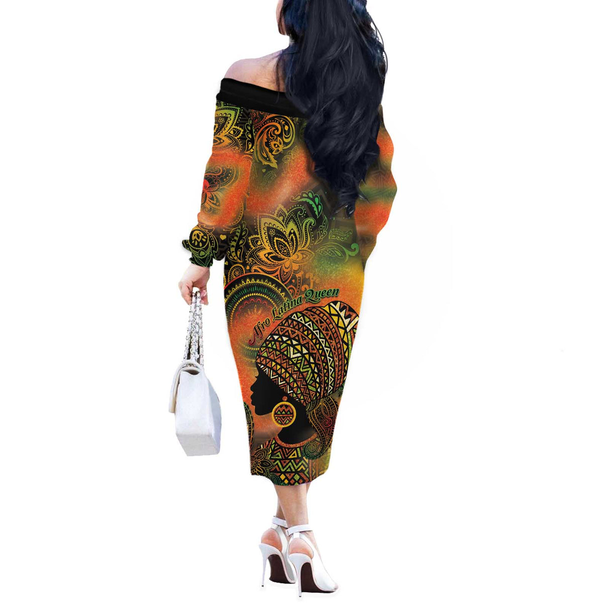Black Women Off The Shoulder Long Sleeve Dress Afro Latina Queen - Wonder Print Shop