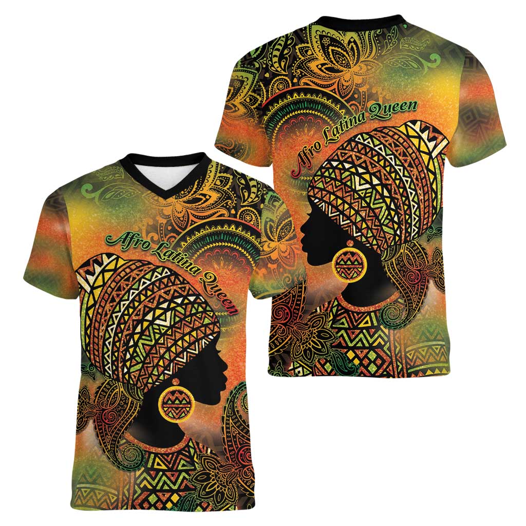 Black Women Women V-Neck T-Shirt Afro Latina Queen - Wonder Print Shop