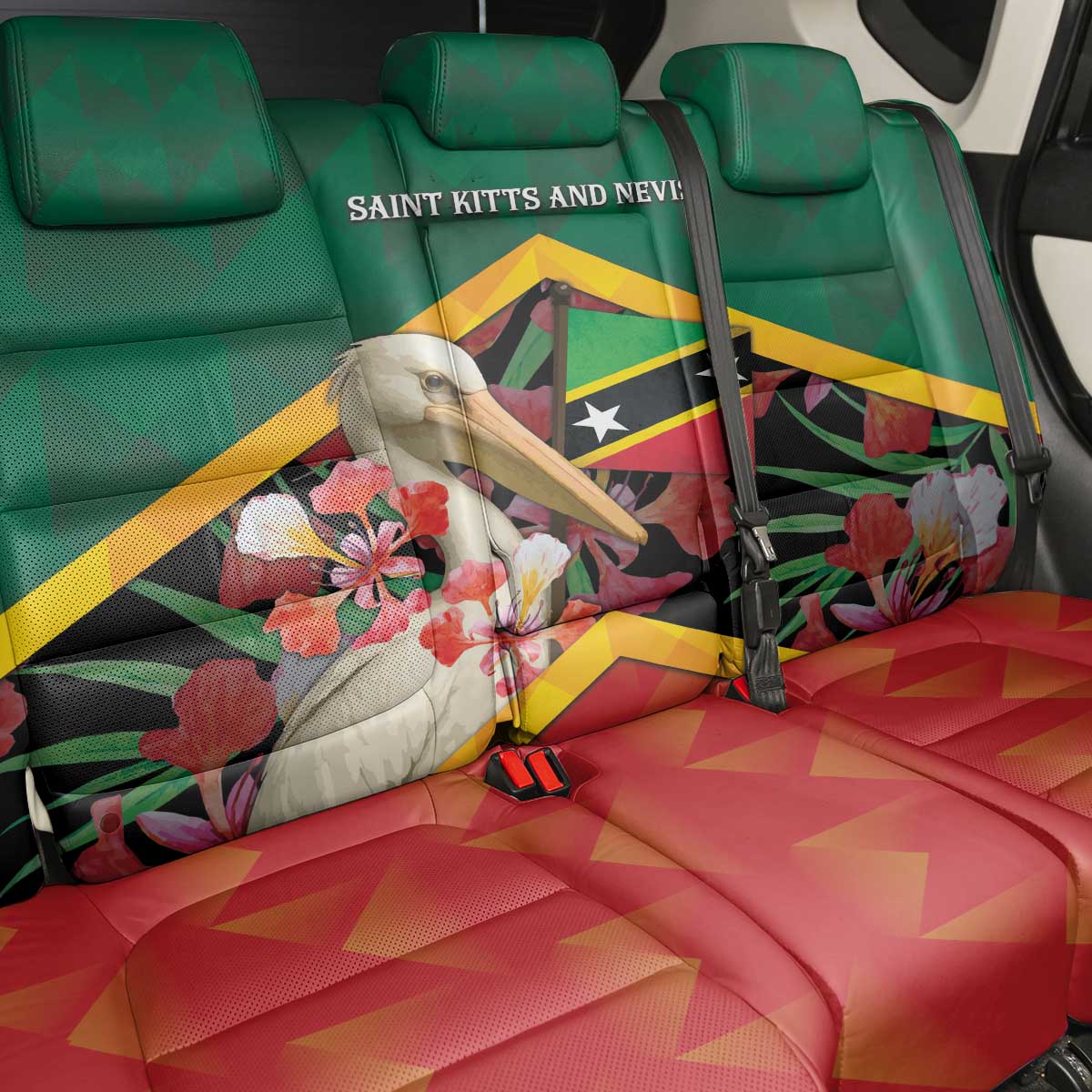 Saint Kitts and Nevis Back Car Seat Cover Pelican With Poinciana Flowers - Wonder Print Shop