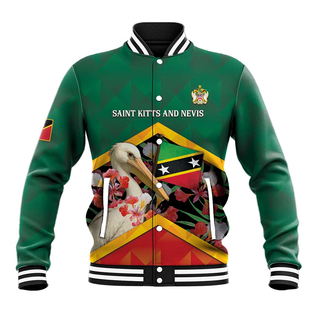 Personalized Saint Kitts and Nevis Baseball Jacket Pelican With Poinciana Flowers - Wonder Print Shop