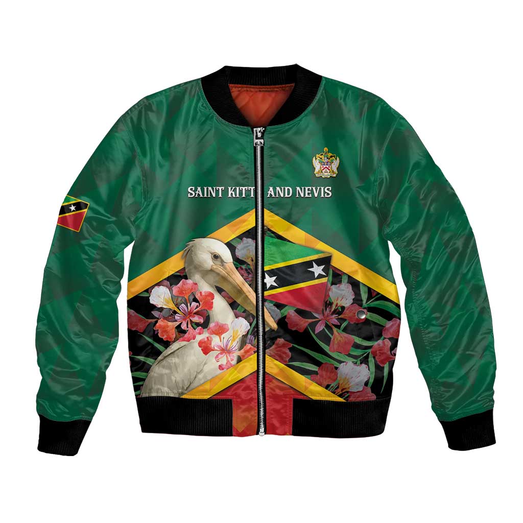 Personalized Saint Kitts and Nevis Bomber Jacket Pelican With Poinciana Flowers - Wonder Print Shop