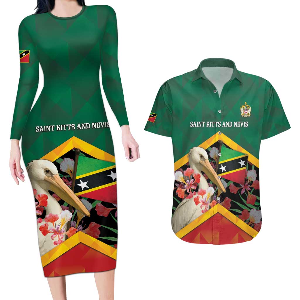 Personalized Saint Kitts and Nevis Couples Matching Long Sleeve Bodycon Dress and Hawaiian Shirt Pelican With Poinciana Flowers - Wonder Print Shop