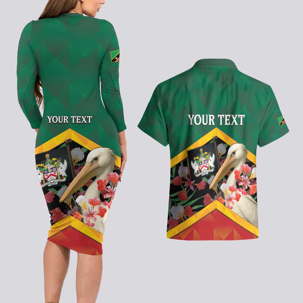 Personalized Saint Kitts and Nevis Couples Matching Long Sleeve Bodycon Dress and Hawaiian Shirt Pelican With Poinciana Flowers - Wonder Print Shop