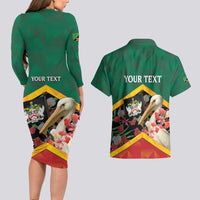 Personalized Saint Kitts and Nevis Couples Matching Long Sleeve Bodycon Dress and Hawaiian Shirt Pelican With Poinciana Flowers - Wonder Print Shop