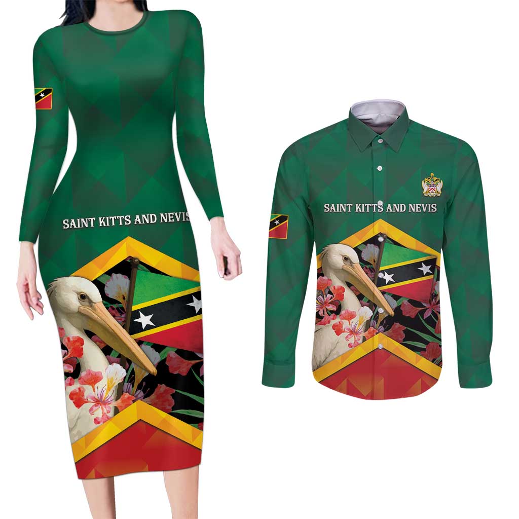 Personalized Saint Kitts and Nevis Couples Matching Long Sleeve Bodycon Dress and Long Sleeve Button Shirt Pelican With Poinciana Flowers - Wonder Print Shop