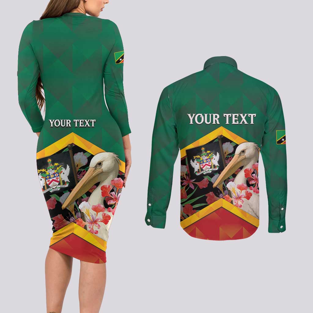 Personalized Saint Kitts and Nevis Couples Matching Long Sleeve Bodycon Dress and Long Sleeve Button Shirt Pelican With Poinciana Flowers - Wonder Print Shop