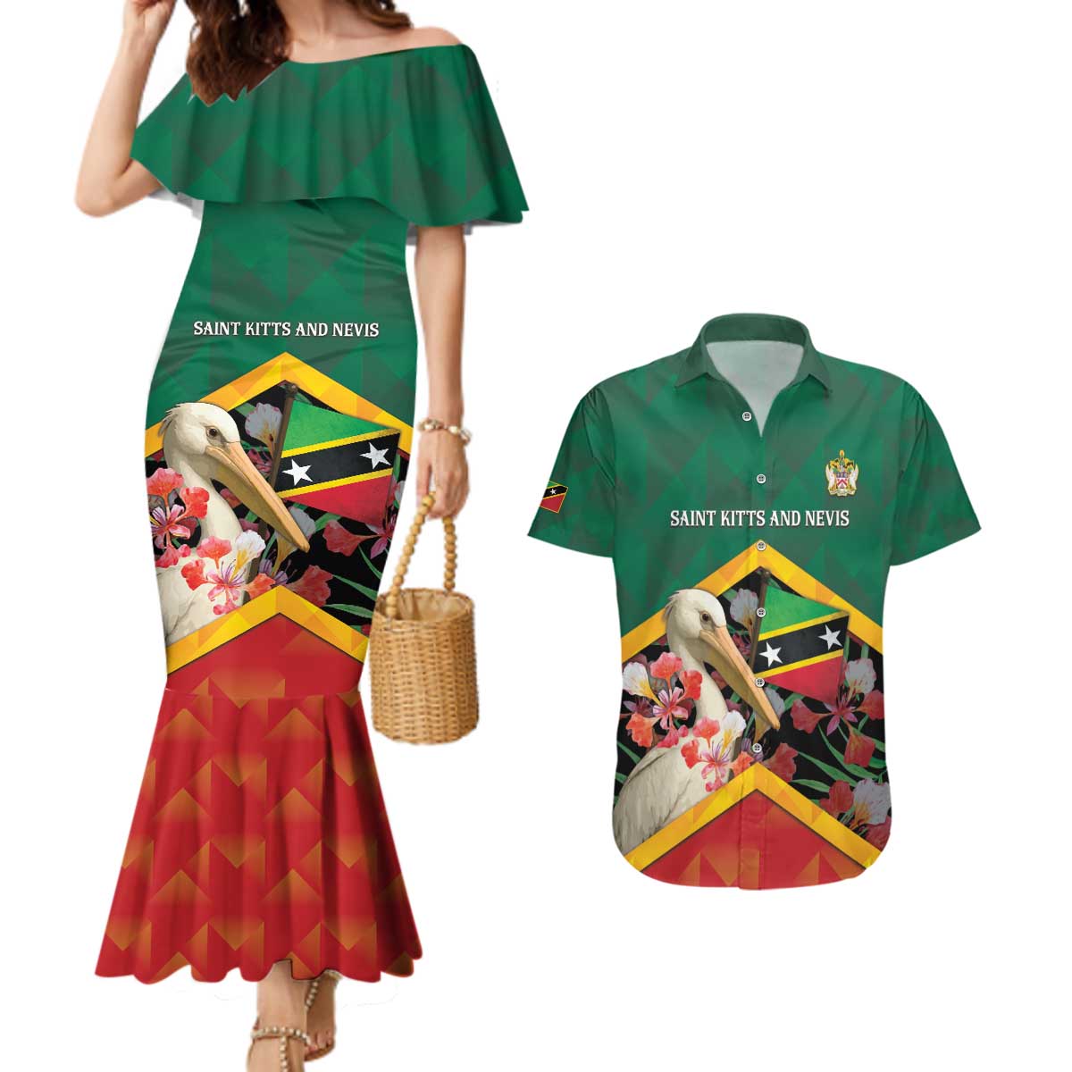 Personalized Saint Kitts and Nevis Couples Matching Mermaid Dress and Hawaiian Shirt Pelican With Poinciana Flowers - Wonder Print Shop