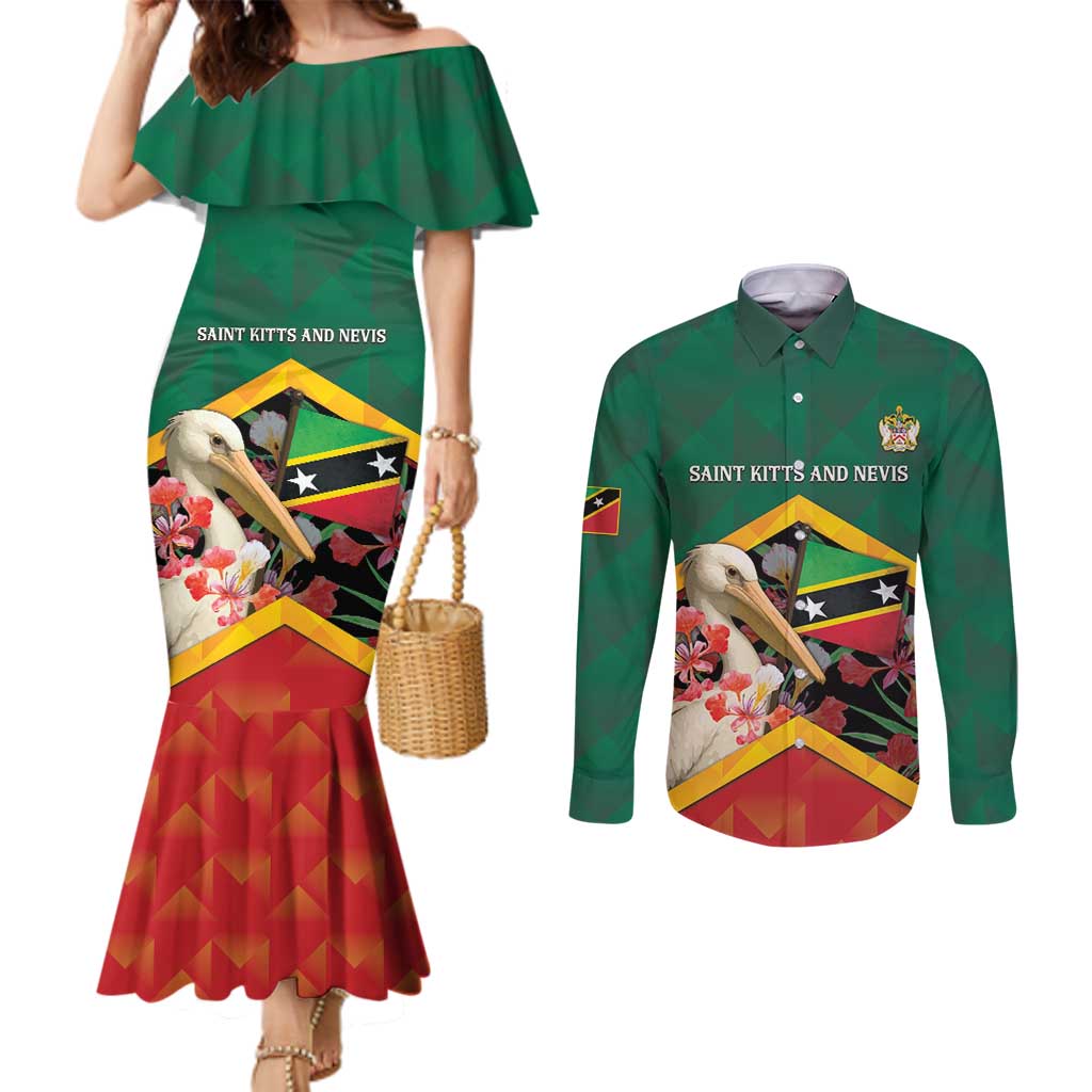 Personalized Saint Kitts and Nevis Couples Matching Mermaid Dress and Long Sleeve Button Shirt Pelican With Poinciana Flowers - Wonder Print Shop