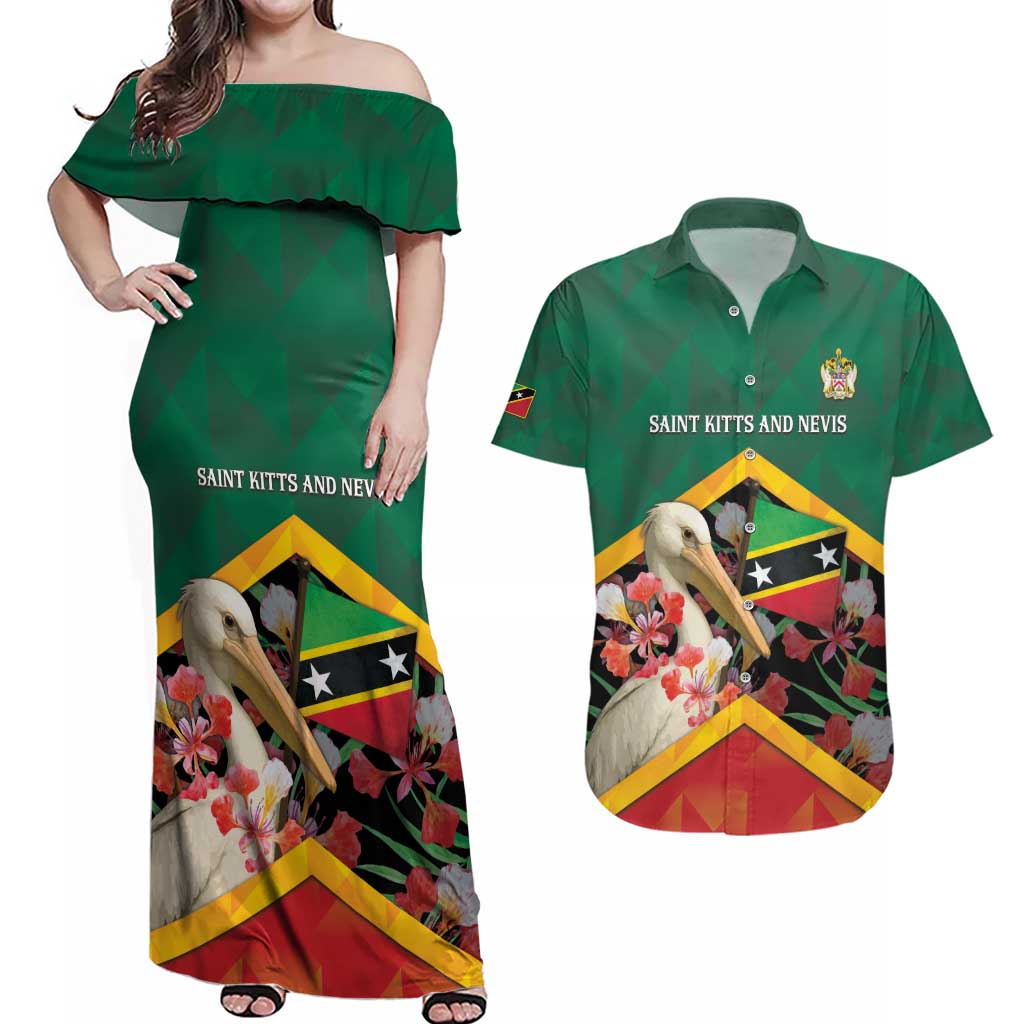 Personalized Saint Kitts and Nevis Couples Matching Off Shoulder Maxi Dress and Hawaiian Shirt Pelican With Poinciana Flowers - Wonder Print Shop