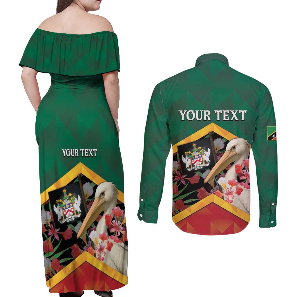 Personalized Saint Kitts and Nevis Couples Matching Off Shoulder Maxi Dress and Long Sleeve Button Shirt Pelican With Poinciana Flowers - Wonder Print Shop