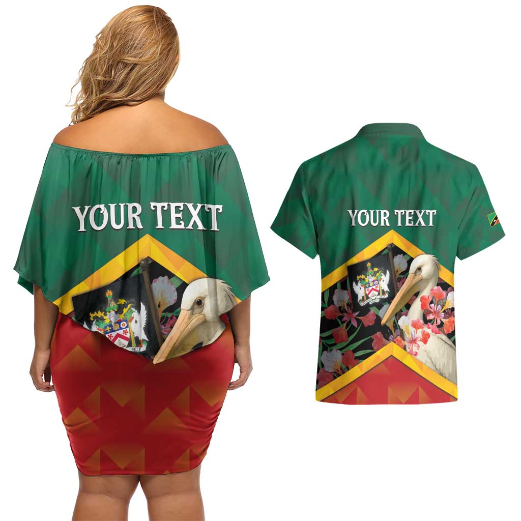 Personalized Saint Kitts and Nevis Couples Matching Off Shoulder Short Dress and Hawaiian Shirt Pelican With Poinciana Flowers - Wonder Print Shop